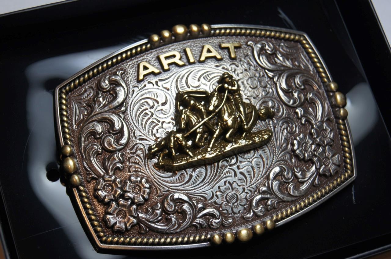 Ariat Western Belt Buckle Filigree Logo Team Roper Silver tone A37064