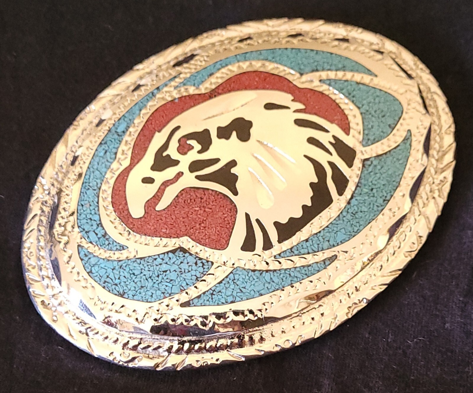 VINTAGE AMERICAN EAGLE BELT BUCKLE WITH TURQUOISE, CORAL & JET MOSAIC INLAY