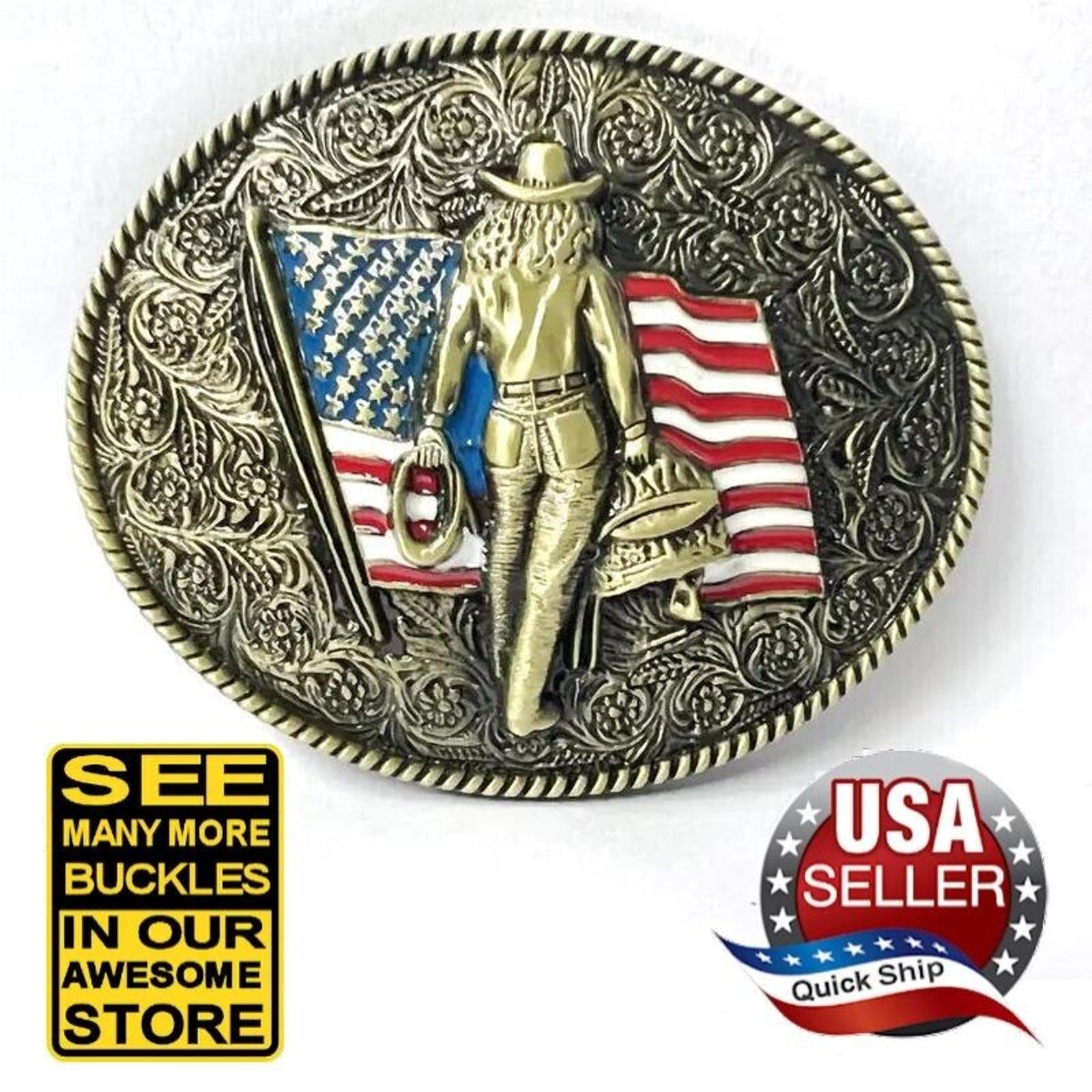 Western Cowgirl Rodeo Roper Bronze Tone Cowboy Belt Buckle • American Flag