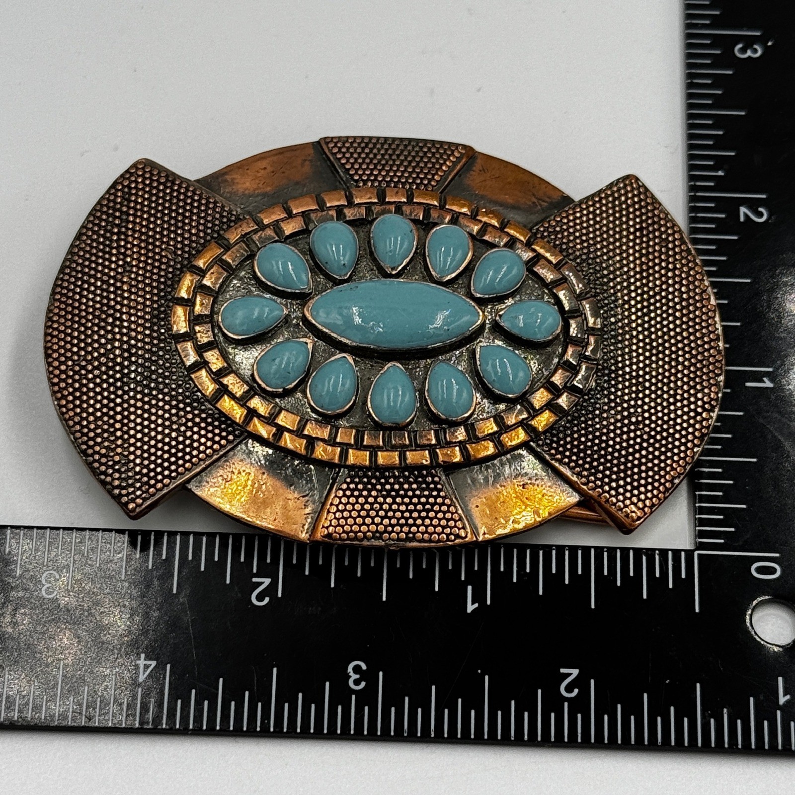 Western Belt Buckle Copper Silver Tone Faux Turquoise Southwestern Mixed Metal