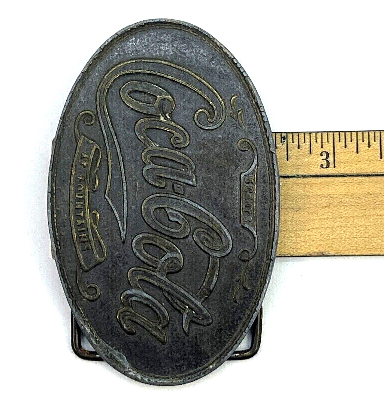 Coca-Cola Brass Oval Belt Buckle 4&Prime; x 2-1/2&Prime; Says: « 5 cents, at Fountains »