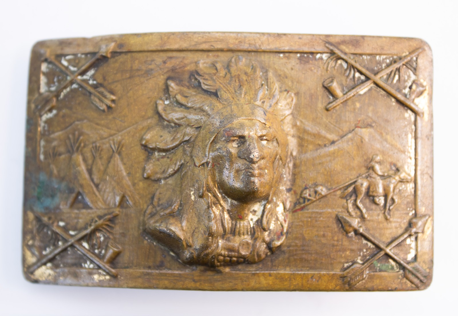 Antique 1940s Robbins Co Thoresen Native American Indian Chief Brass Belt Buckle
