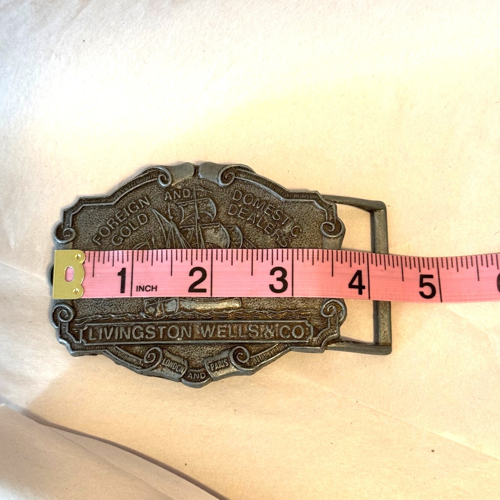Pewter Livingston Wells & Co Gold Dealers Belt Buckle Circa 1970s