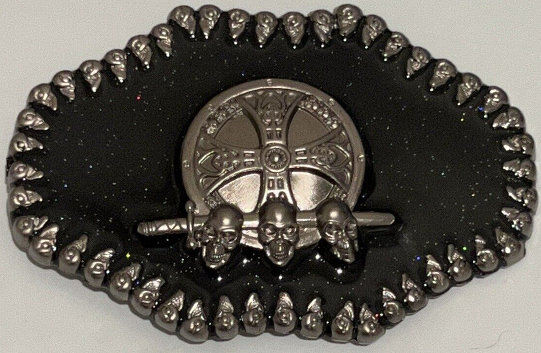 Skull Skeleton Head Metal Belt Buckle Biker Style Silver Tone Claws Cross Gothic