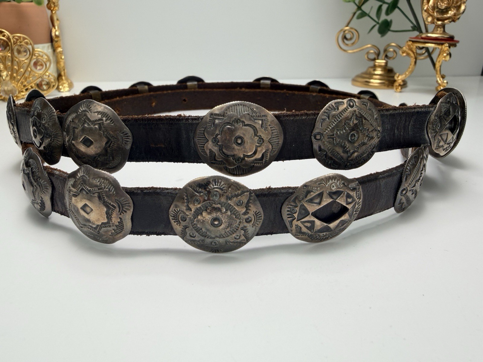 Vintage Native American Sterling Concho Belt Signed Hand Stamped Leather Long