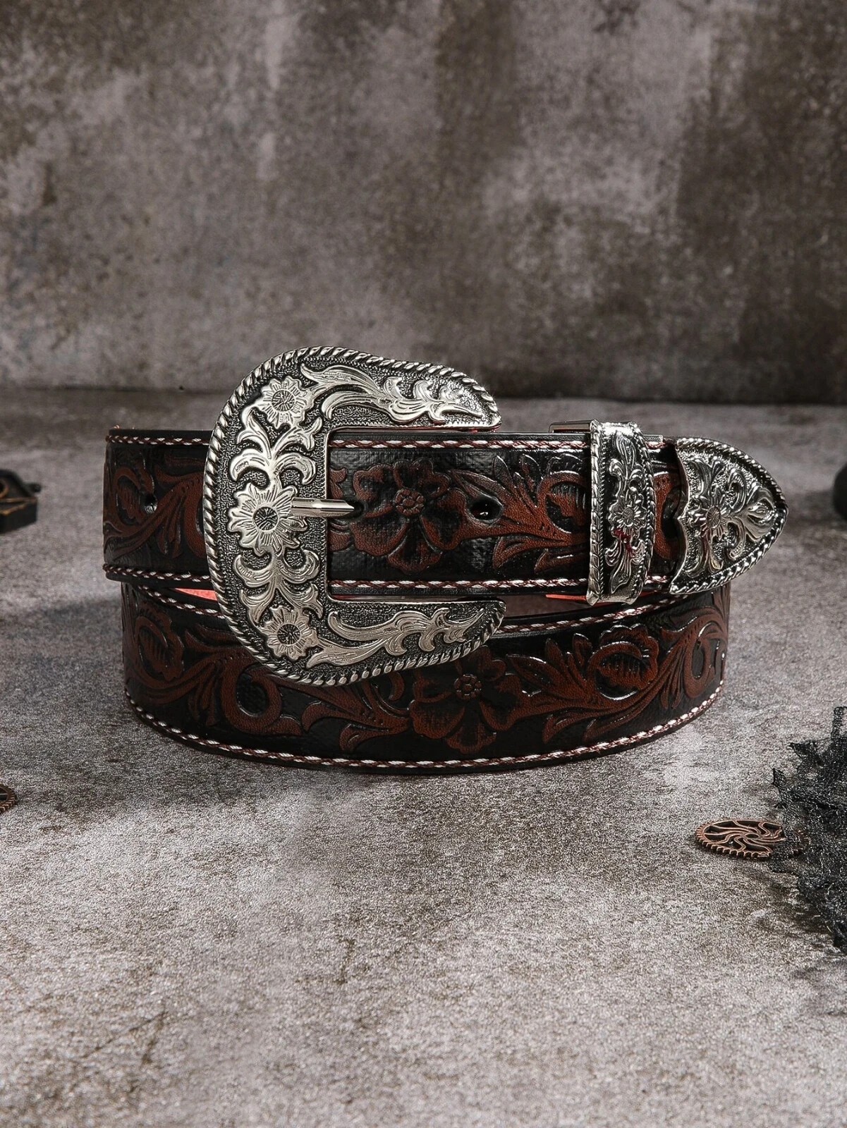 Western Cowboy/Cowgirl Rodeo Decor ROPE EDGE BUCkLE W/Leather Belt