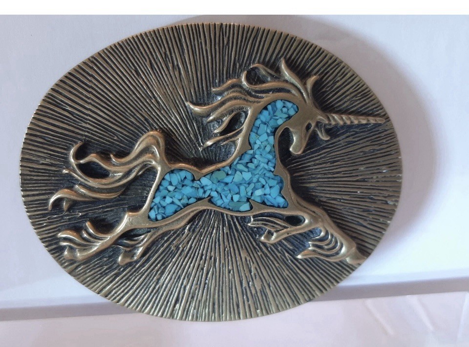 VINTAGE- BRASS ?TURQUOISE INLAY UNICORN BELT BUCKLE/RARE HALLMARK/GUCCi?/UNISEX