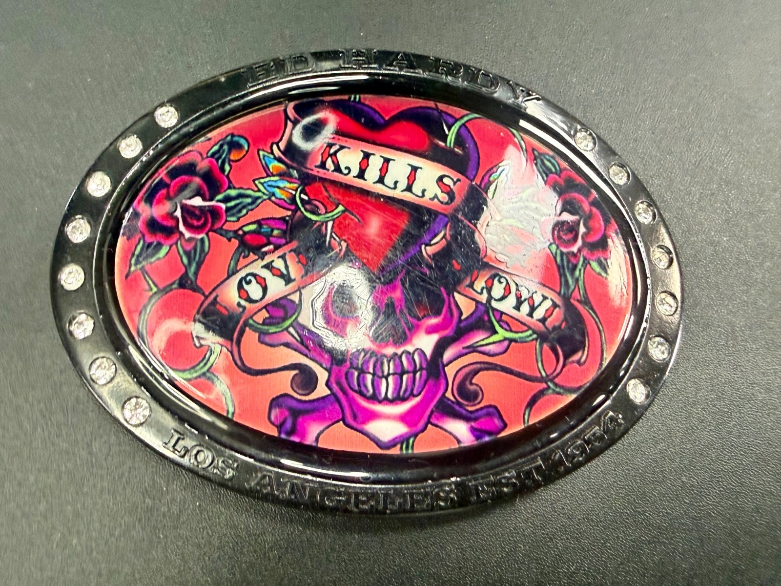 Ed Hardy Love Kills Slowly Signature Tattoo Skull with Rhinestones Belt Buckle