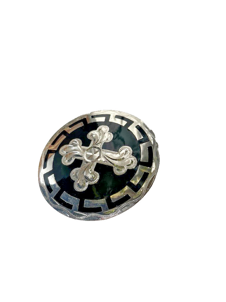 Western Mens Belt Buckle 3.25 x 3.25 in Southern Cross Cowboy Black Silver 1.5