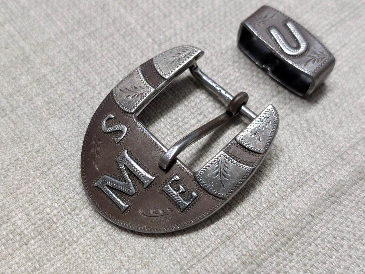 vintage HANDCRAFTED belt buckle set 2PC keeper WESTERN sterling « JAGGAR » bronze