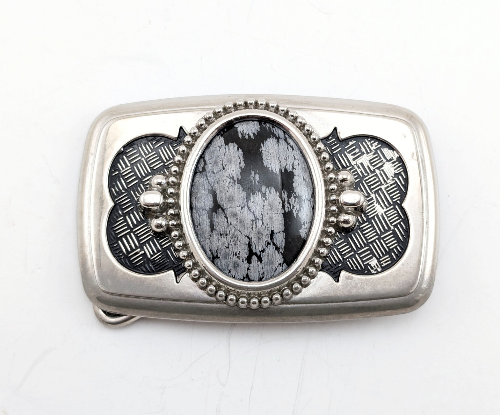 1970s-1980s Vintage Western Belt Buckle with Snowflake Obsidian Stone Cabochon