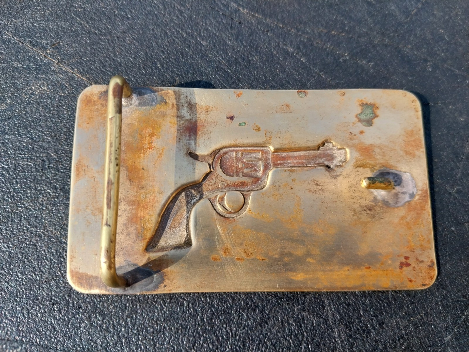 Vintage Western Brass Belt Buckle Embossed Revolver Gun Pistol Solid Bar RARE