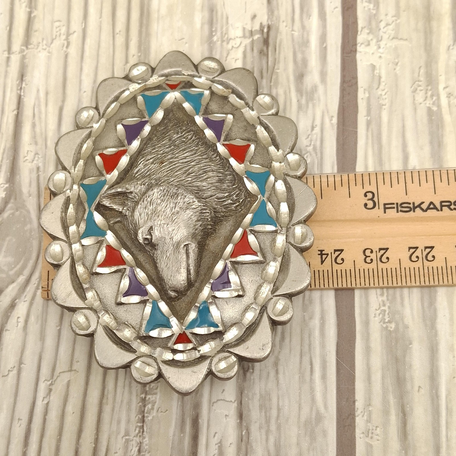 Vtg Great American Products Belt Buckle Pewter Wolf Enamel Oval Western 90s GAP