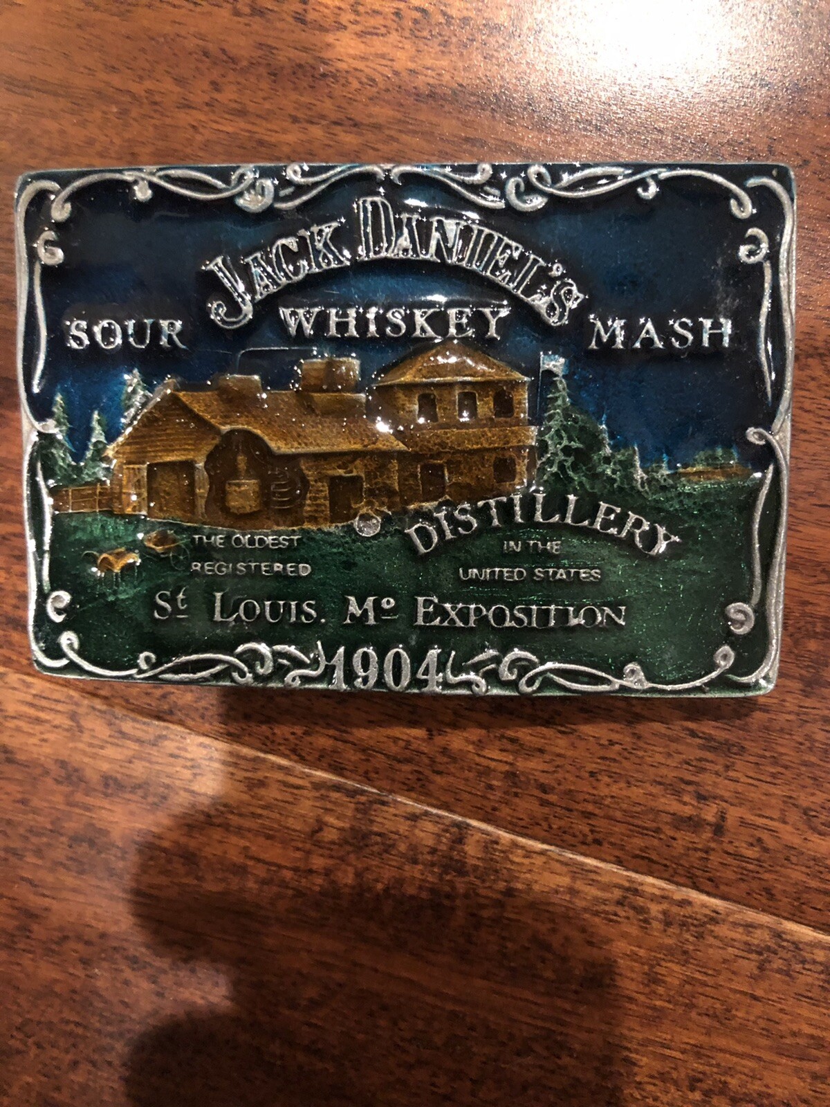 Vtg Country Jack Daniels Sour Whiskey Mash 1904 Belt Buckle Green Enameled