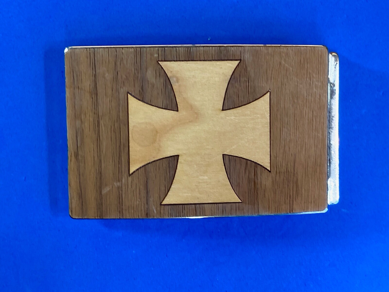 Mixed Wood Grain Inlaid Iron Cross Vintage Belt Buckle