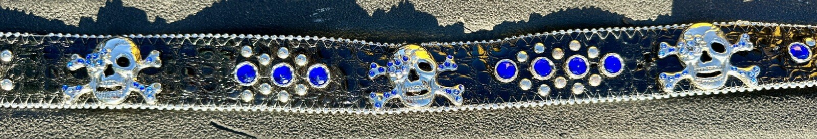 Skull covered in Clear & Blue Rhinestones Belt & Belt Buckle,Missing Some Stones
