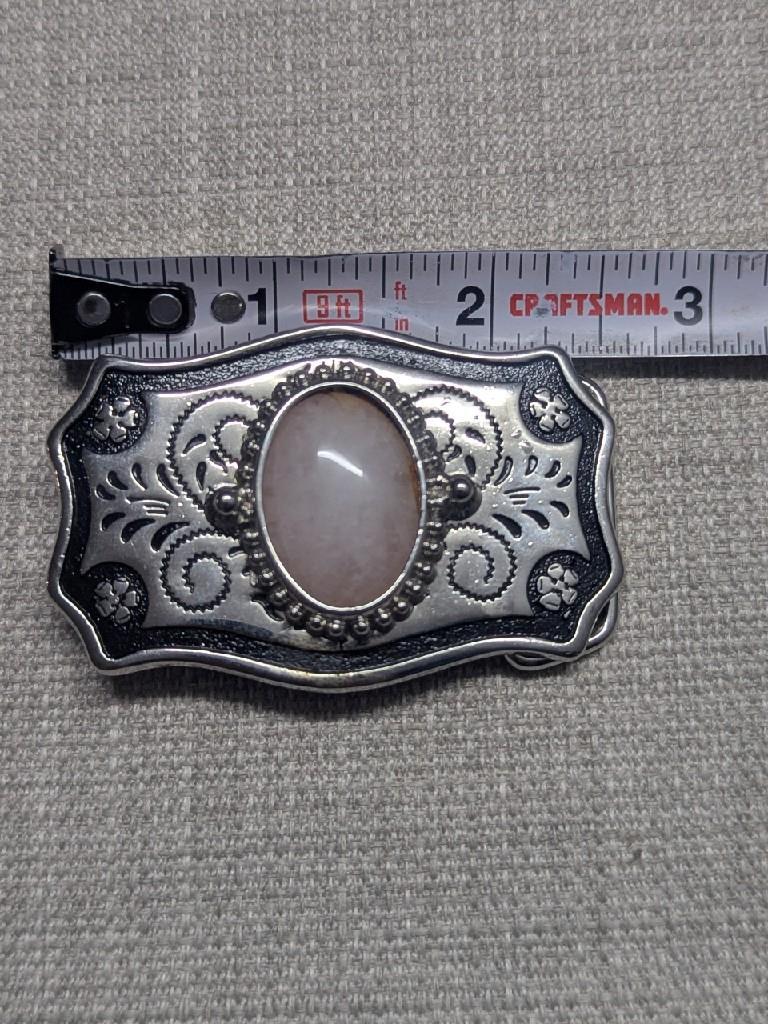 vintage GEMSTONE pink QUARTZ belt buckle WESTERN handcrafted cowboy