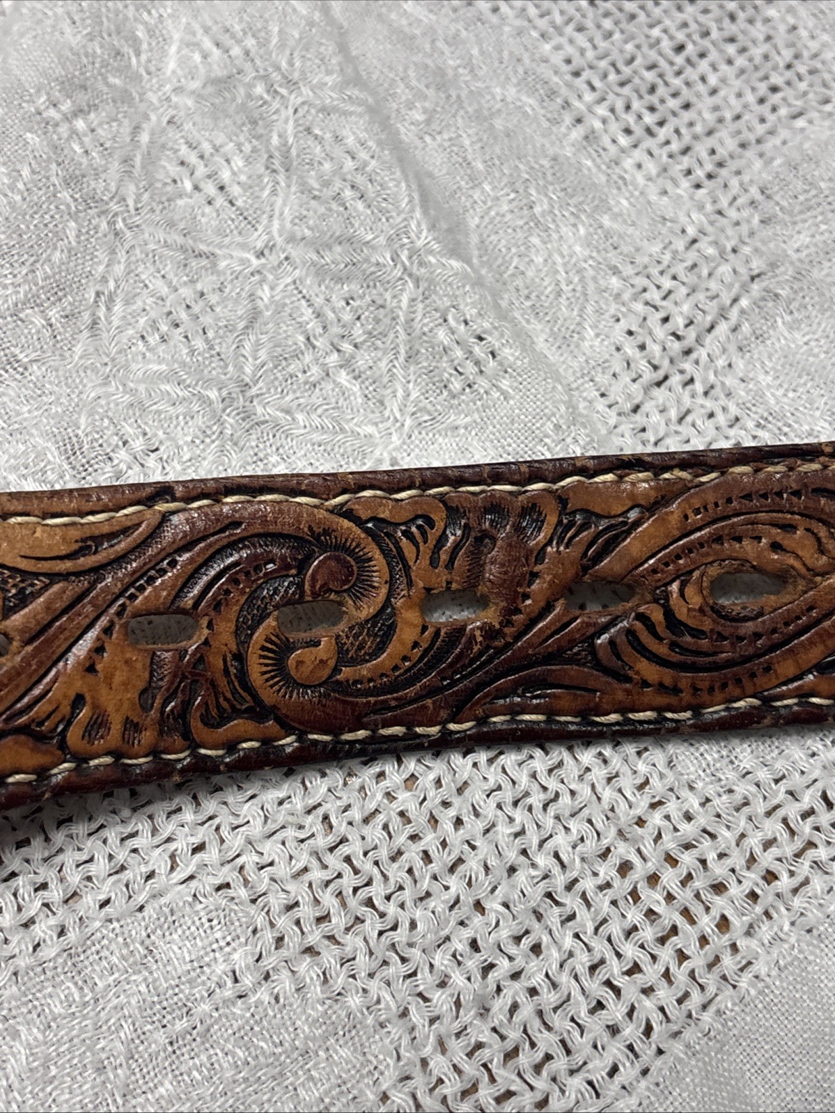 Tiger Eye Brass Tone Brown Belt Men Ladies Leather Embossing Western Cowboy