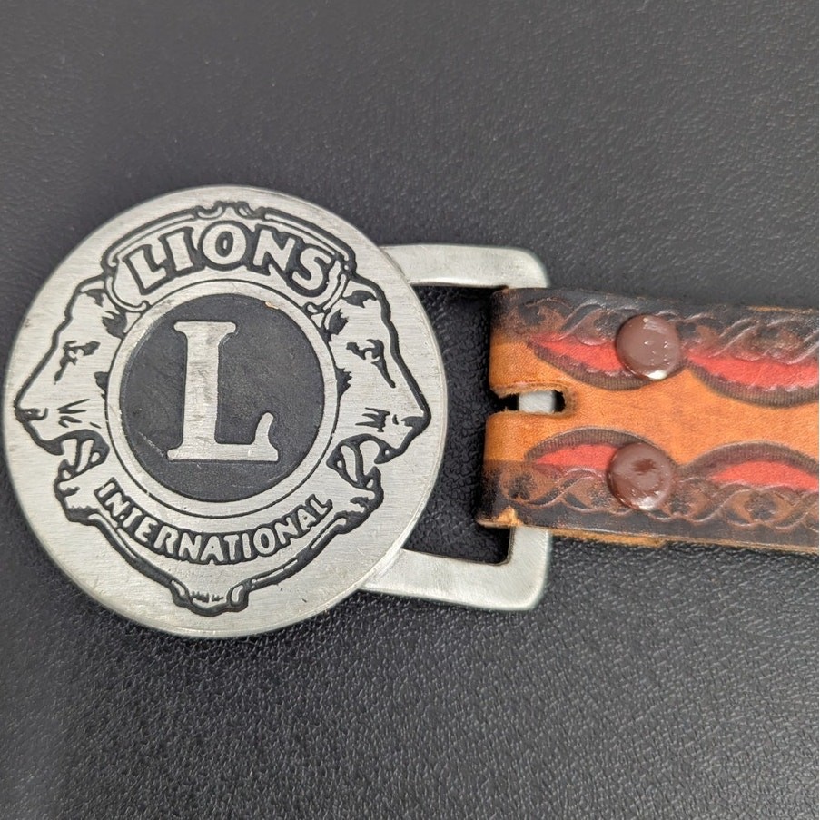 Vintage Lions International Pewter Buckle Tooled Leather Belt Size 36