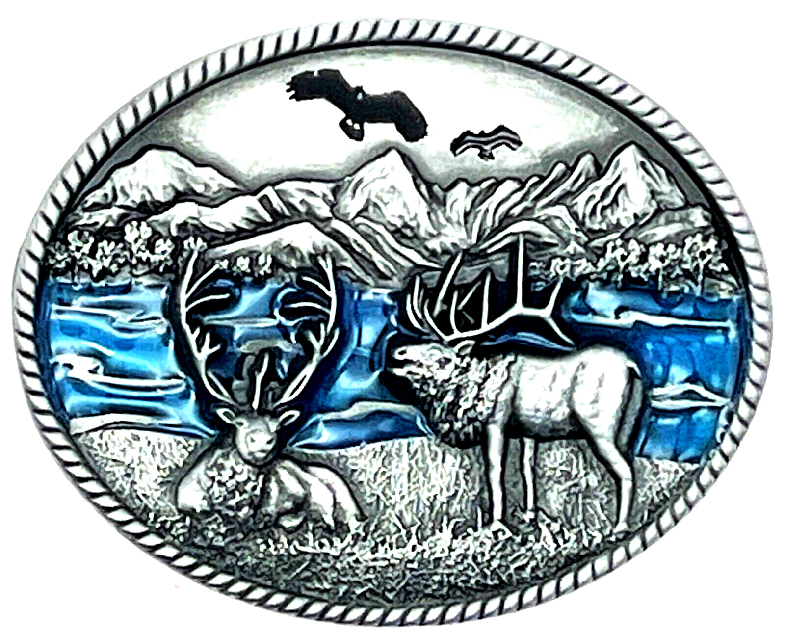 Deer Wildlife Western Blue Enameled Oval Belt Buckle