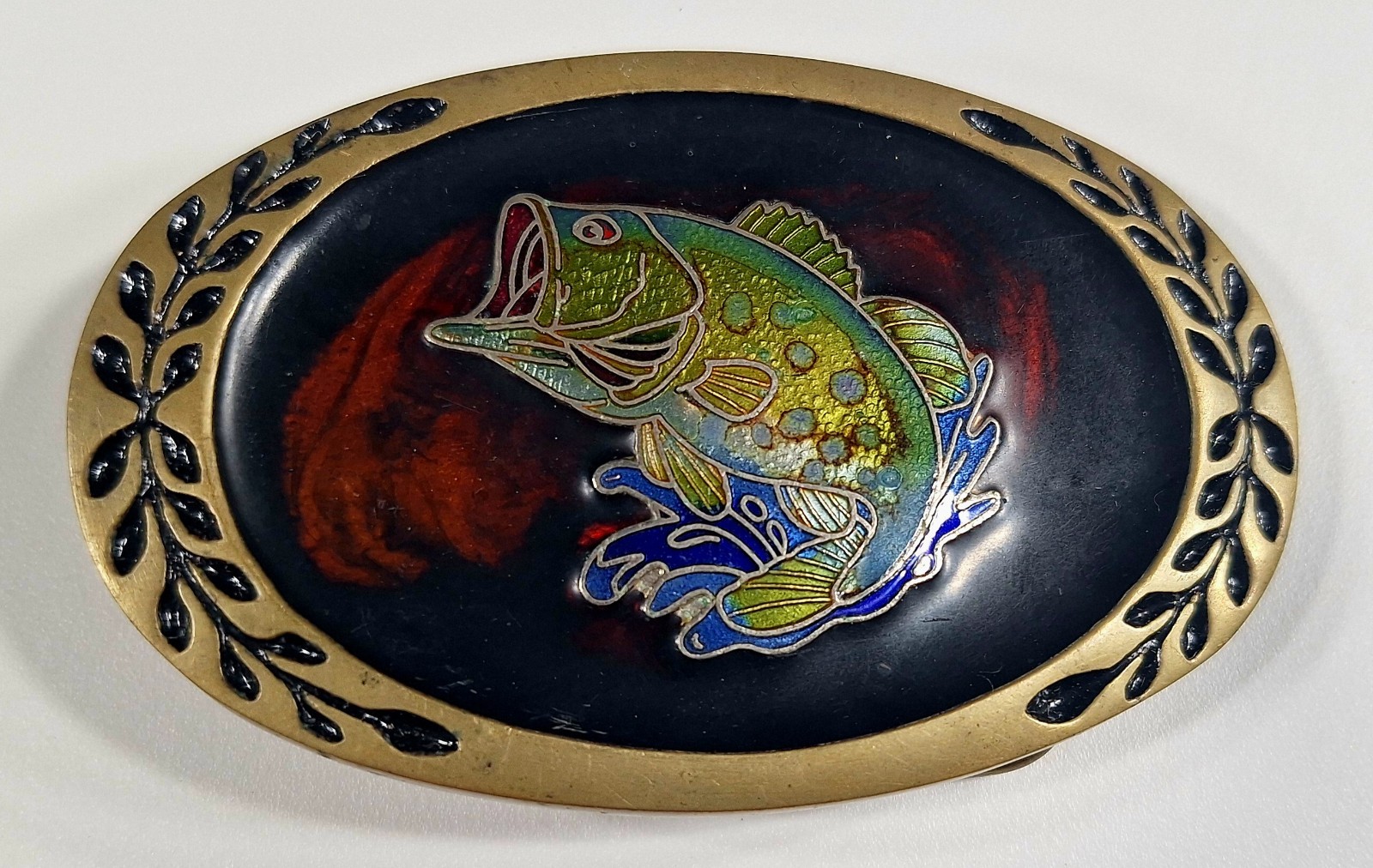 Vintage Solid Brass Bass Fishing Sport Belt Buckle Colorful Amber Green