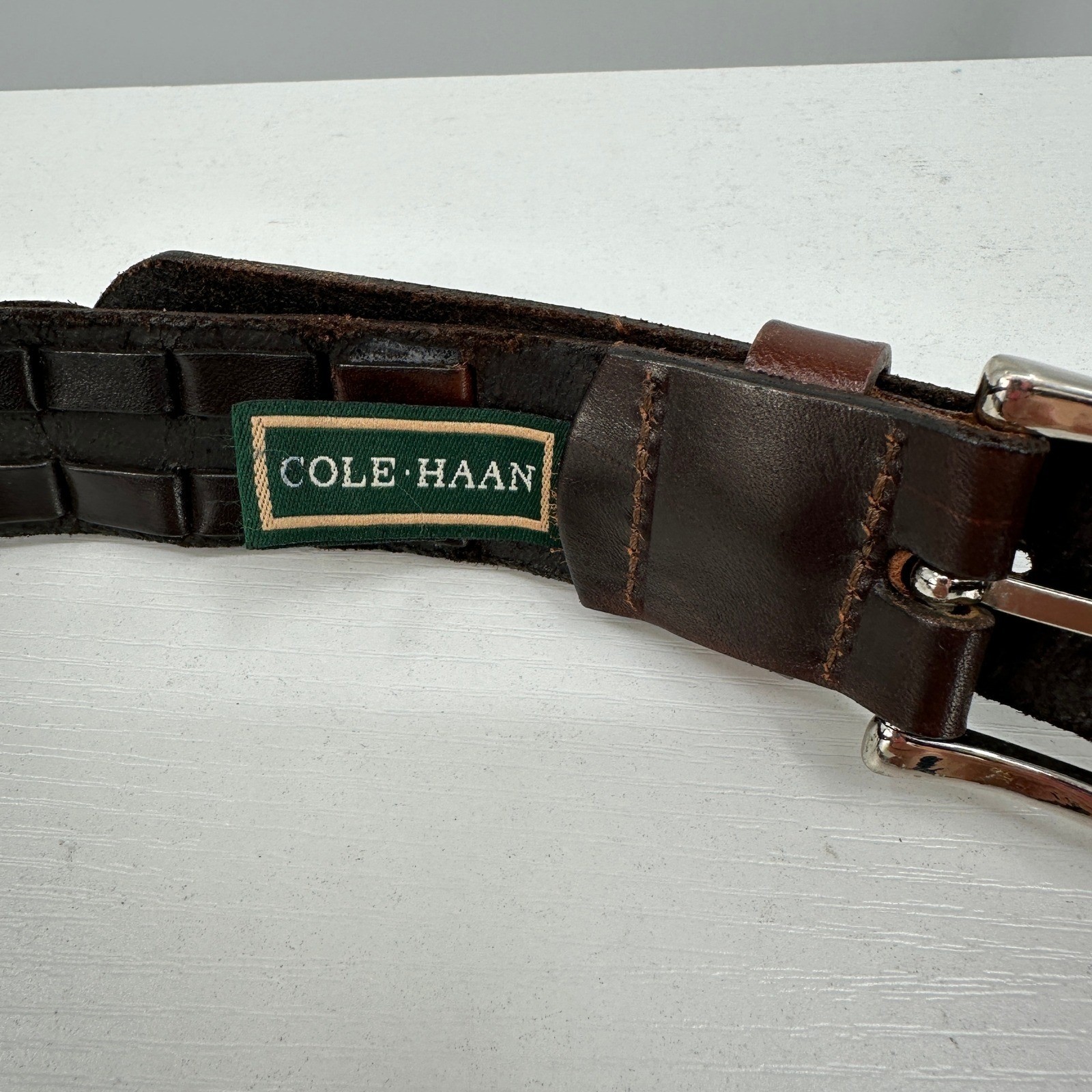 VTG 90s Cole Haan Basketweave Leather Belt 30 Brown Woven Overlay Nickel Buckle