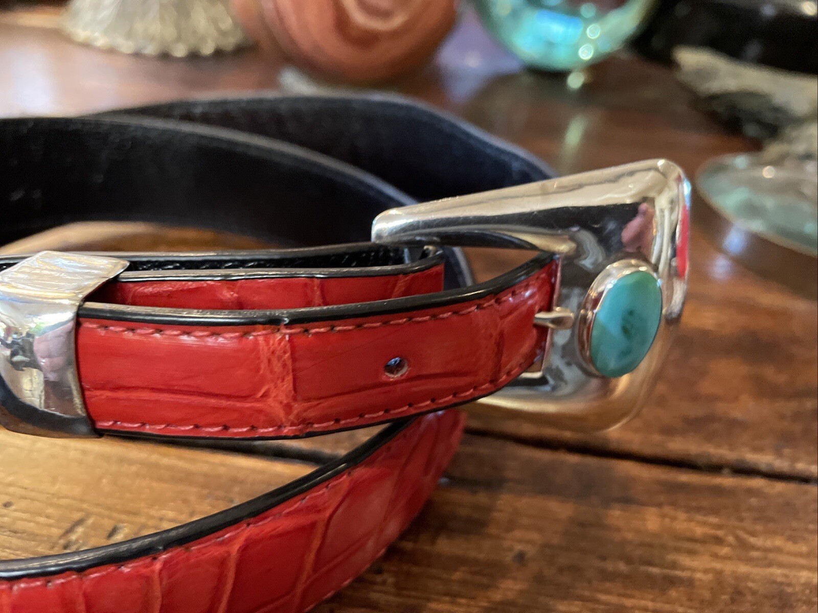 Navajo Sterling Silver Turquoise Belt Buckle 33-35-1.25-.75🐊✅