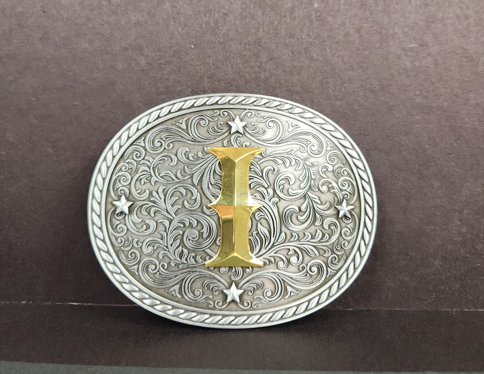 Western Belt Buckle Initial Letter I Two Tone Pewter And Gold Oval