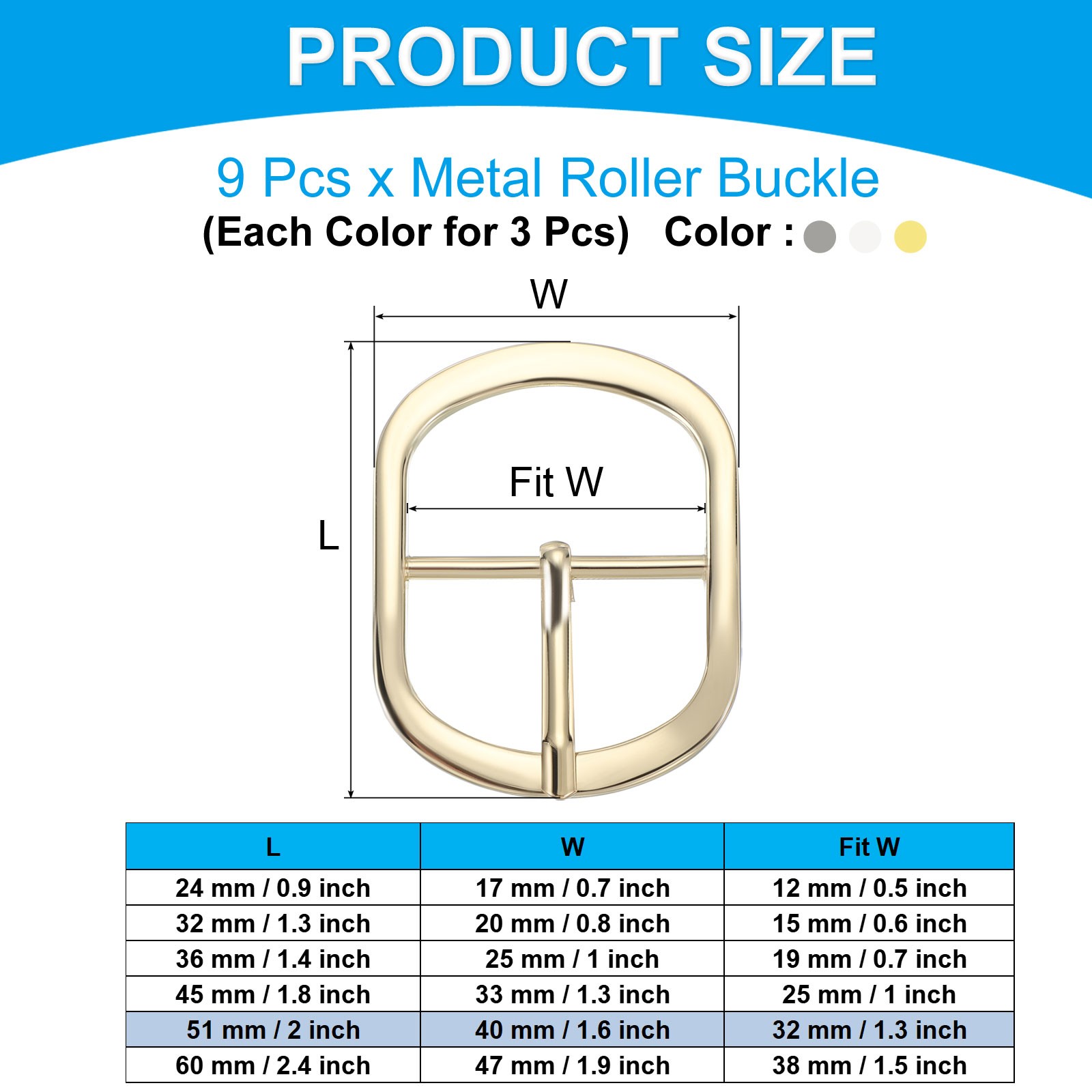 9Pcs 1.3&Prime; Single Prong Metal Roller Pin Belt Buckles Black/Silver/Light Gold