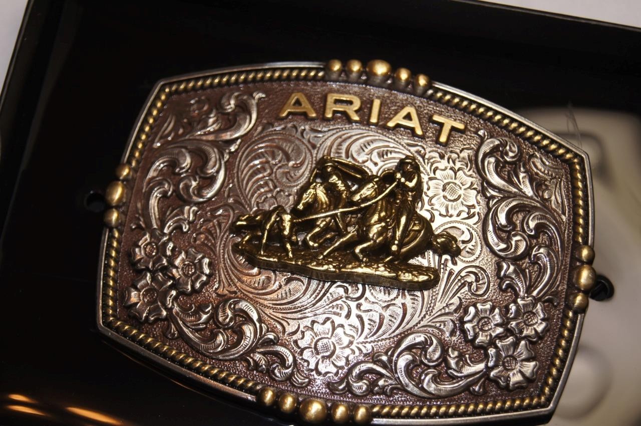 Ariat Western Belt Buckle Filigree Logo Team Roper Silver tone A37064