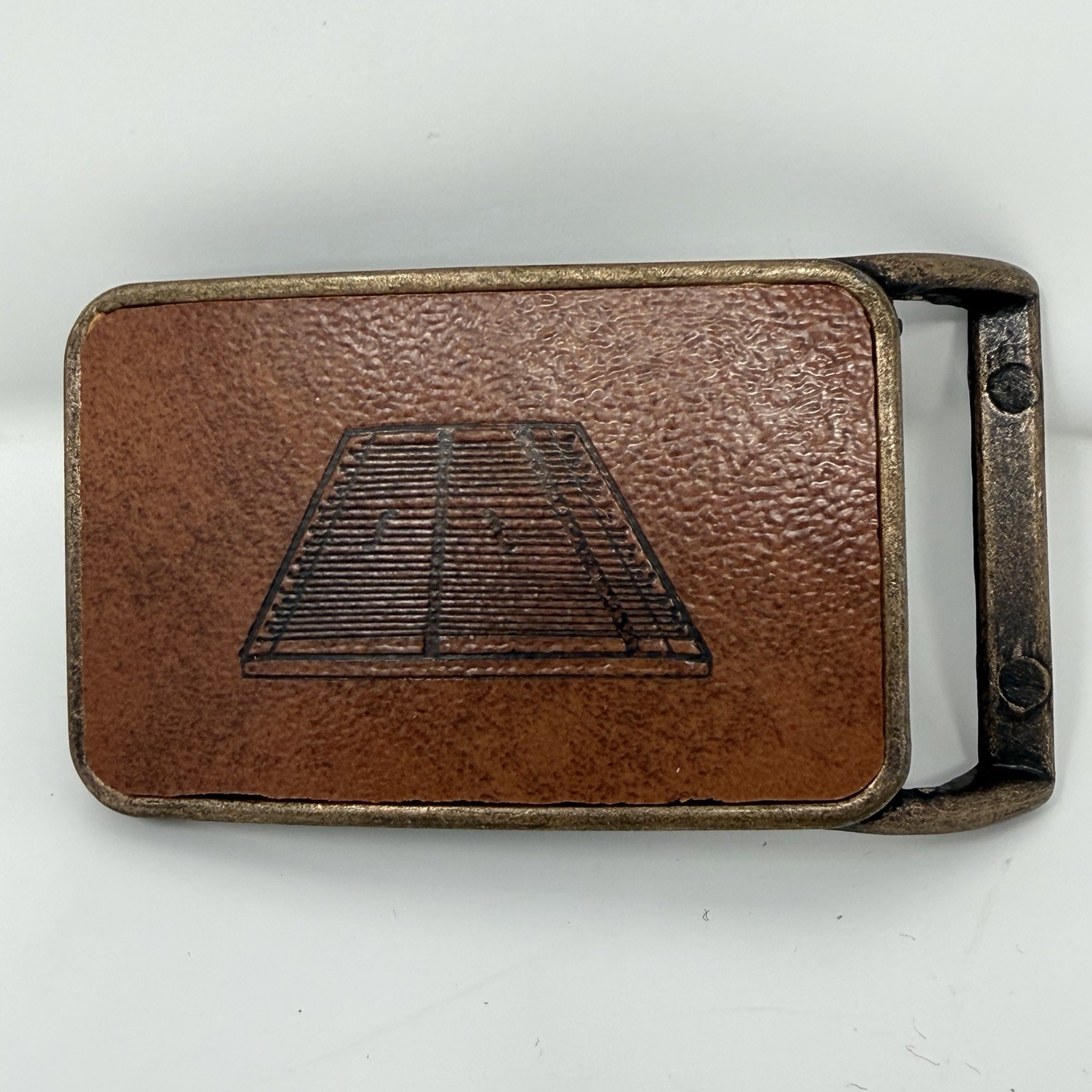 Vintage Tennis Court Belt Buckle Brass Tone Leather Inlay Jim Tait Engraving 70s