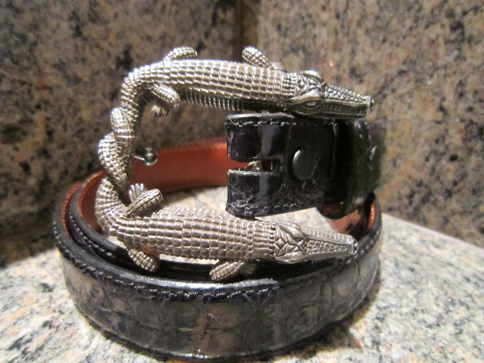 Kieselstein-Cord Sterling Double Alligator Buckle W/Black Alligator Belt Size 1