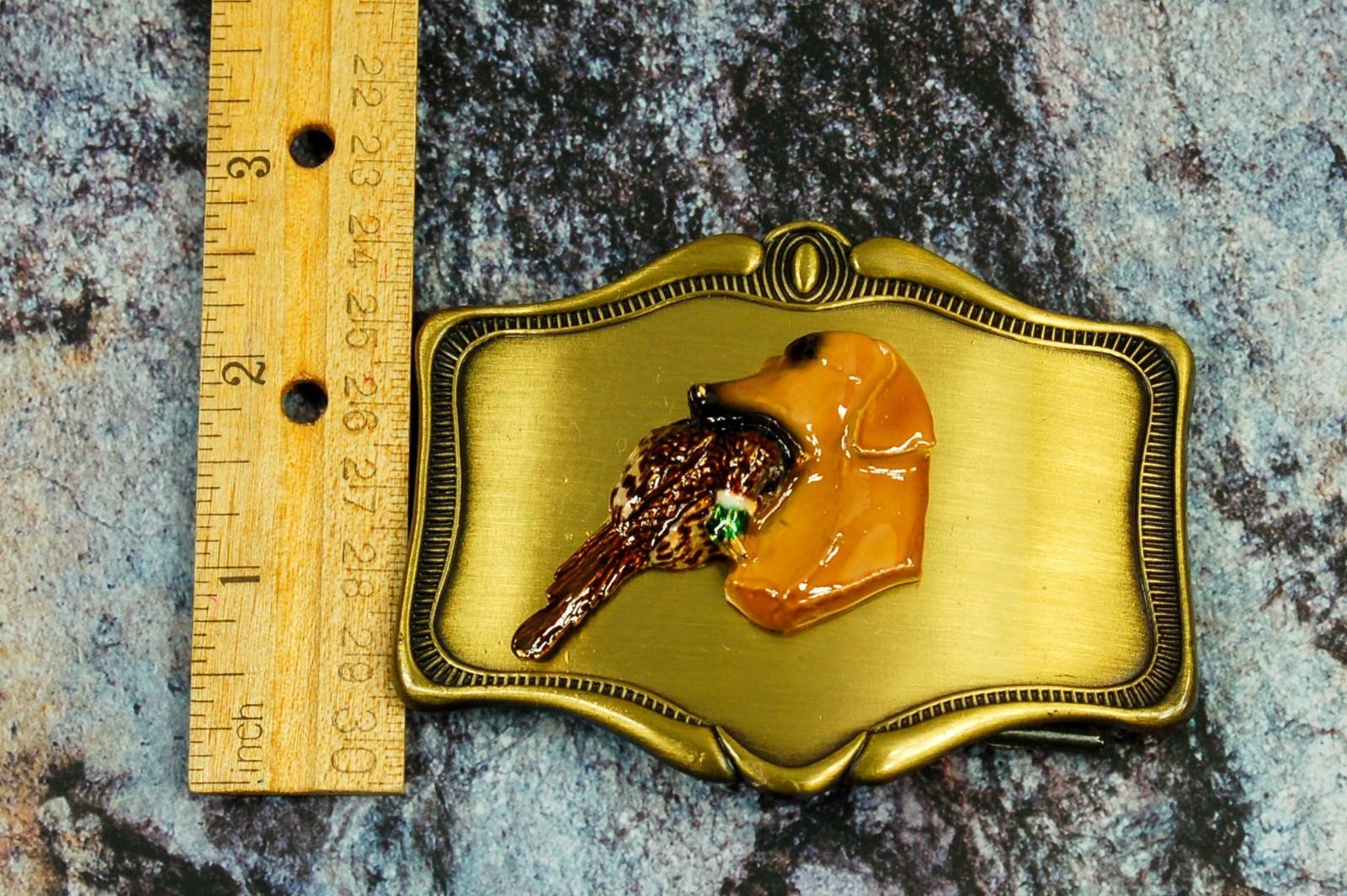 Retriever holding Pheasant 3D relief belt buckle vintage western AHM 1978