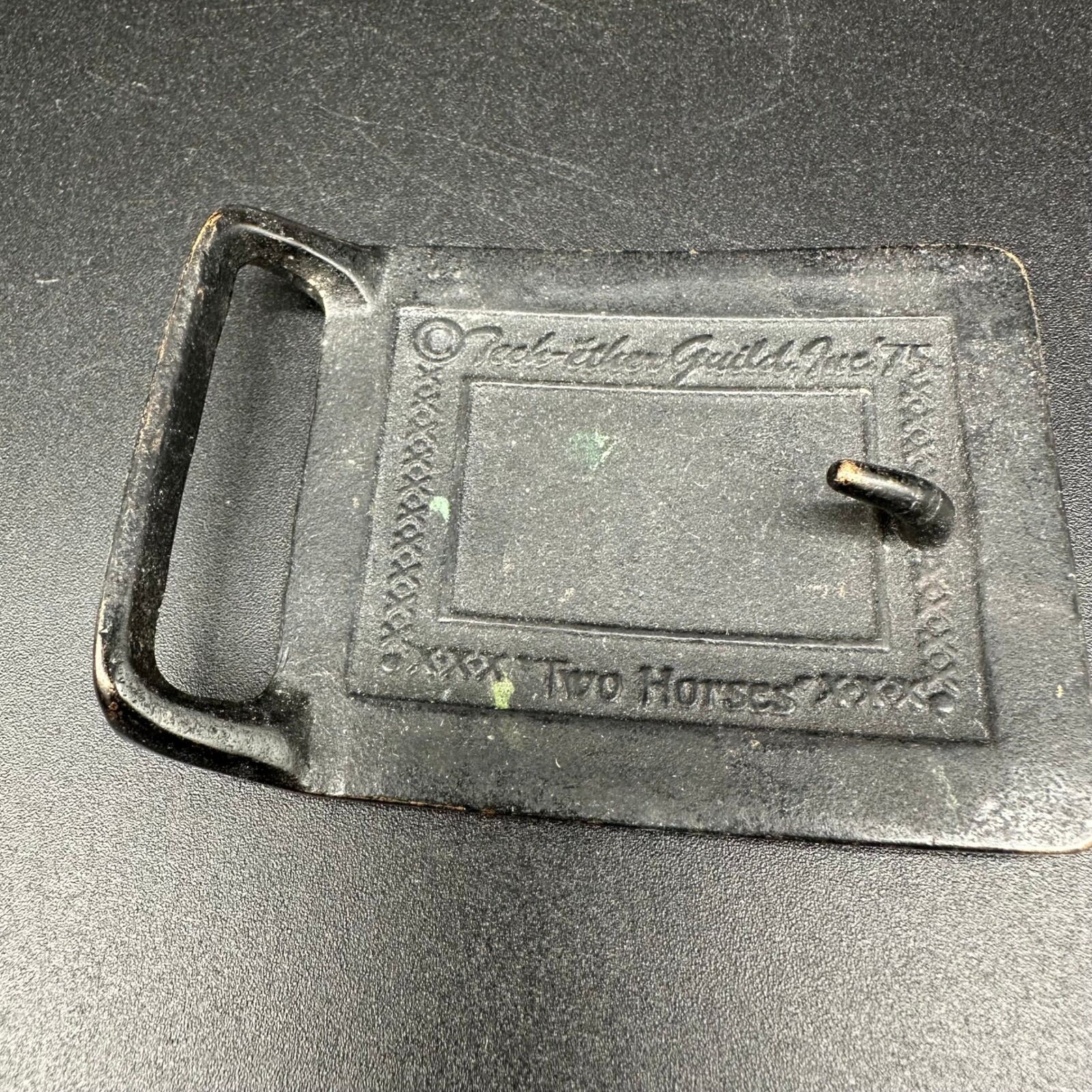 Vintage Teck-Ether Guild Brass Belt Buckle Two Horses Resting Tree Scene Cowboy