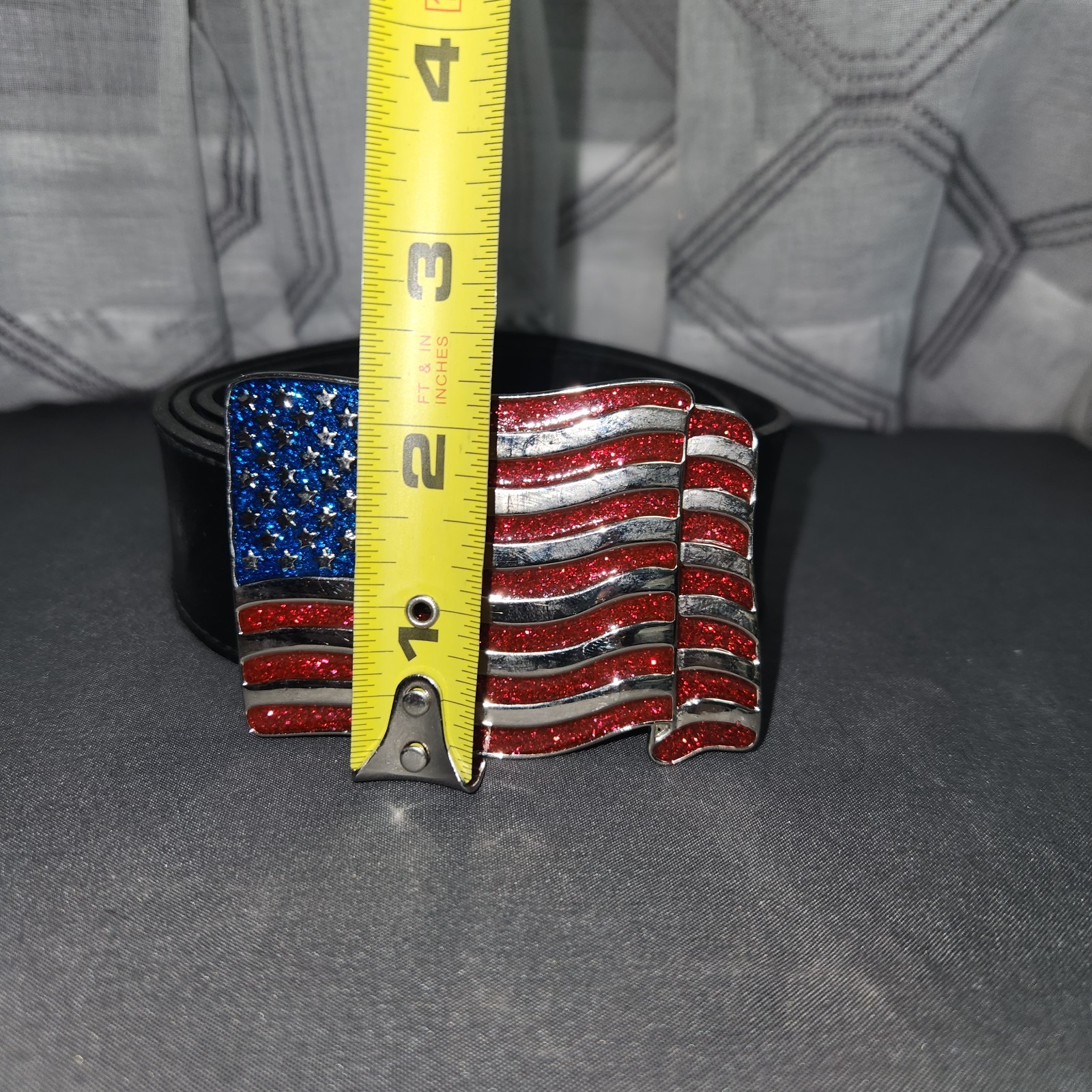 American Flag Belt Buckle Mens Black Leather Strap Patriotic USA Red White Blue