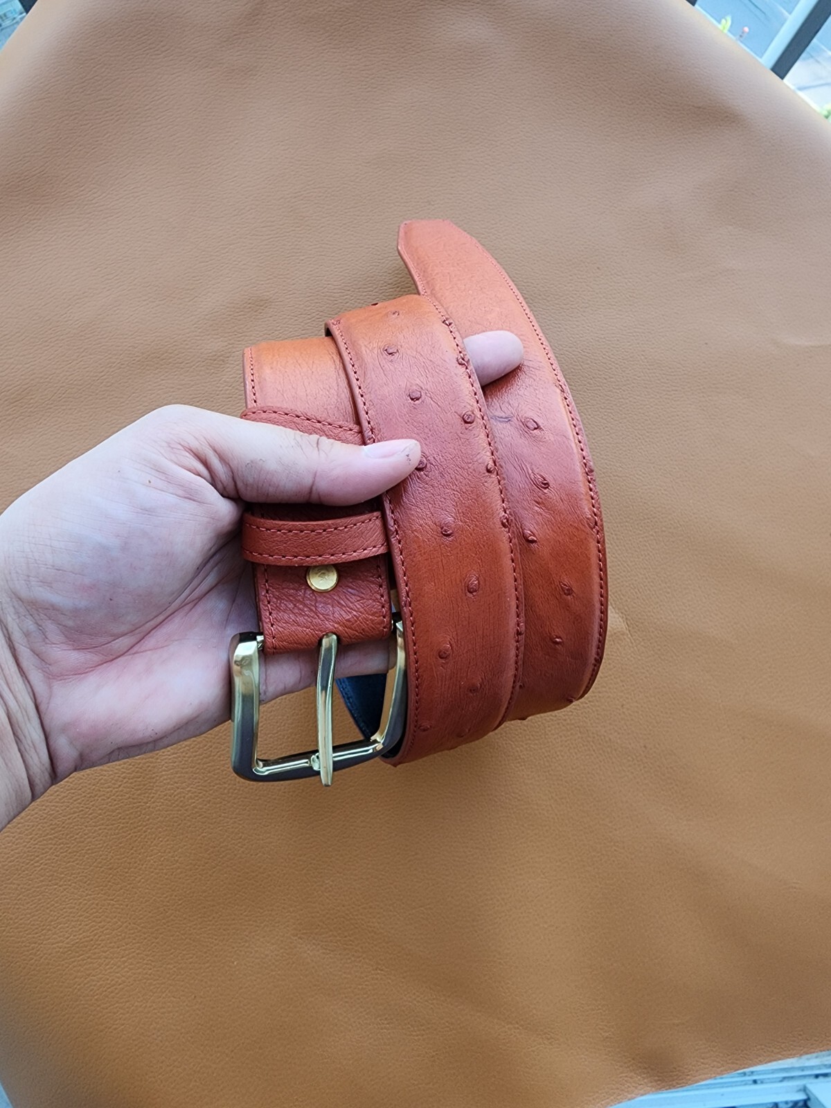3.8CM Brown 100% Genuine Body Ostrich Leather Skin Men Belt Buckle- Handmade
