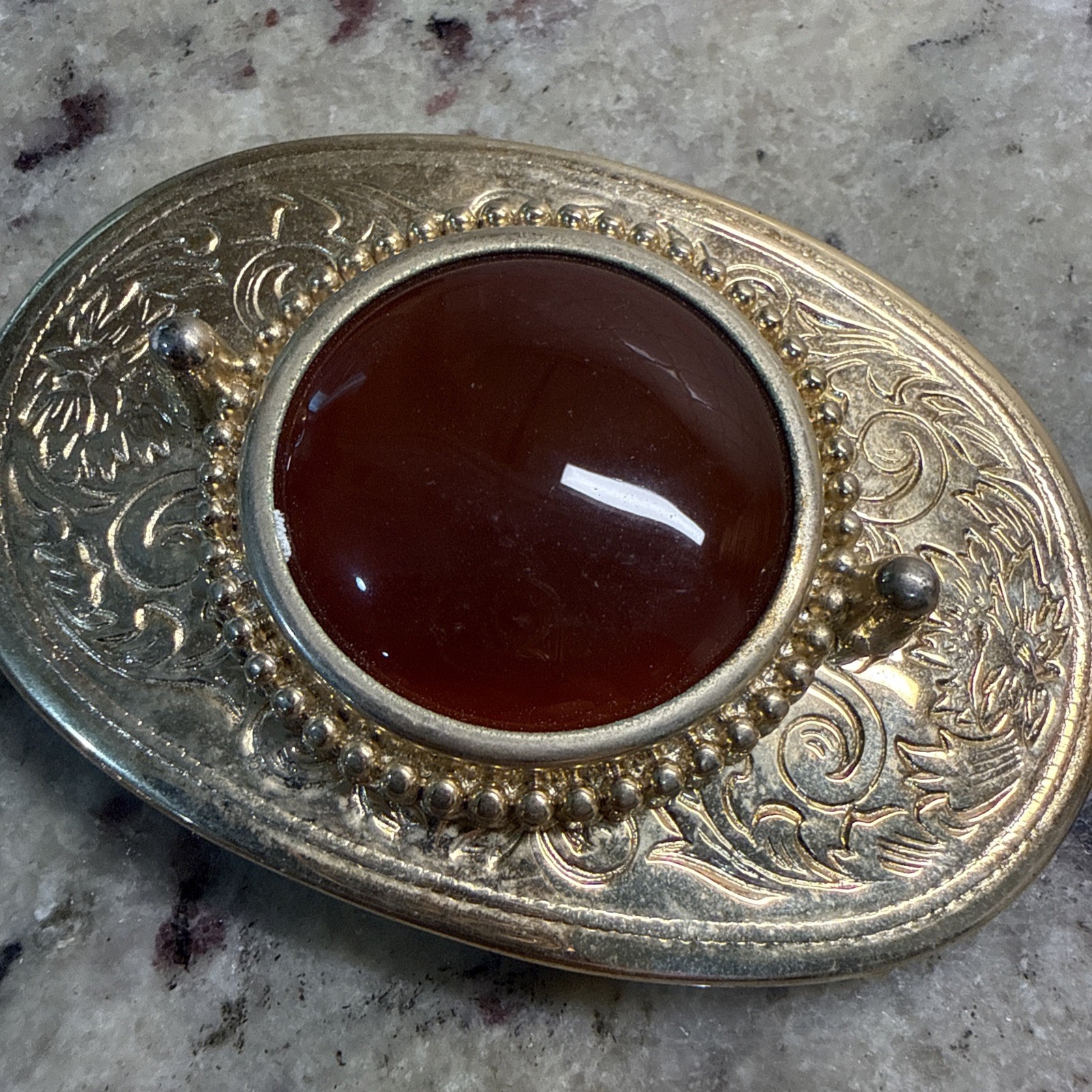 vintage ornate oval gold metal belt buckle w polished red stone center women