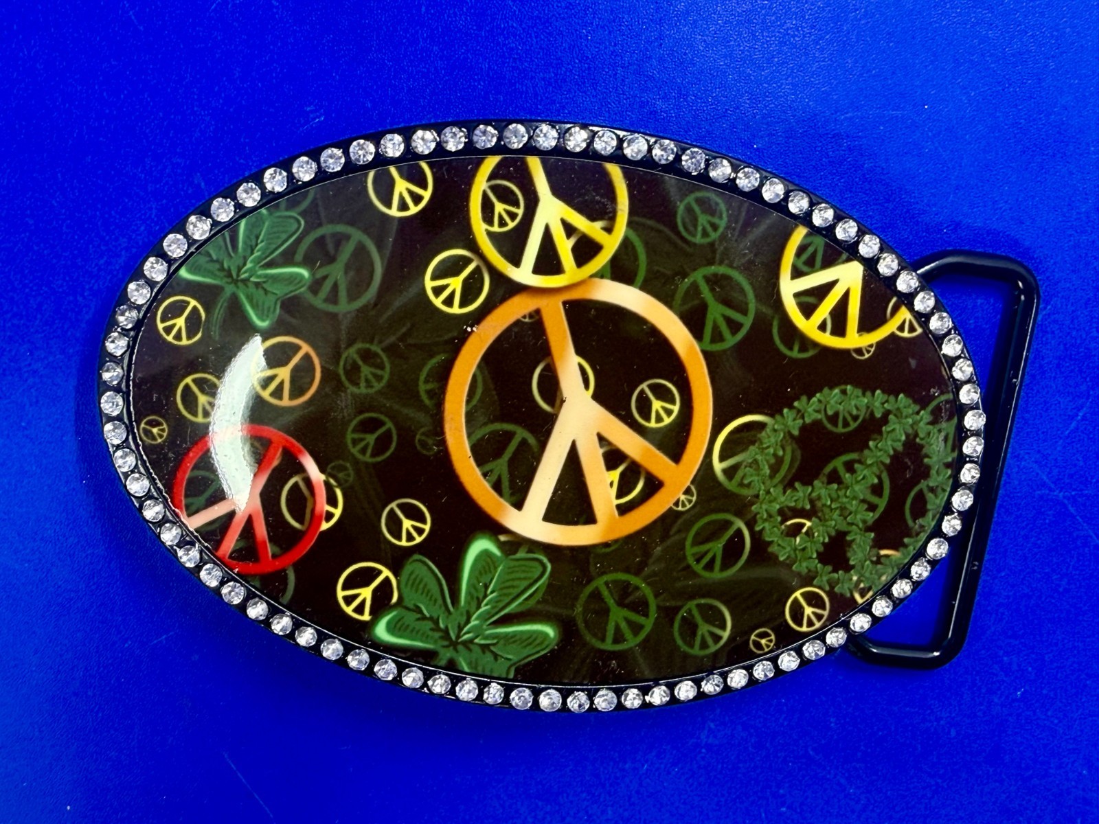 Peace Sign Symbol Four Leaf Clover with Clear Rhinestone Border Belt Buckle