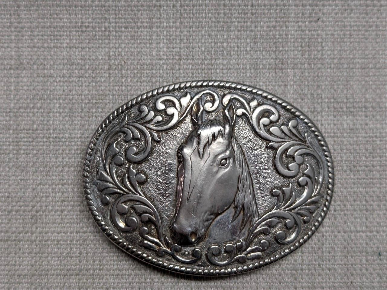 vintage USA made HORSE belt buckle CHAMBERS western 24K GOLD PLATE brass
