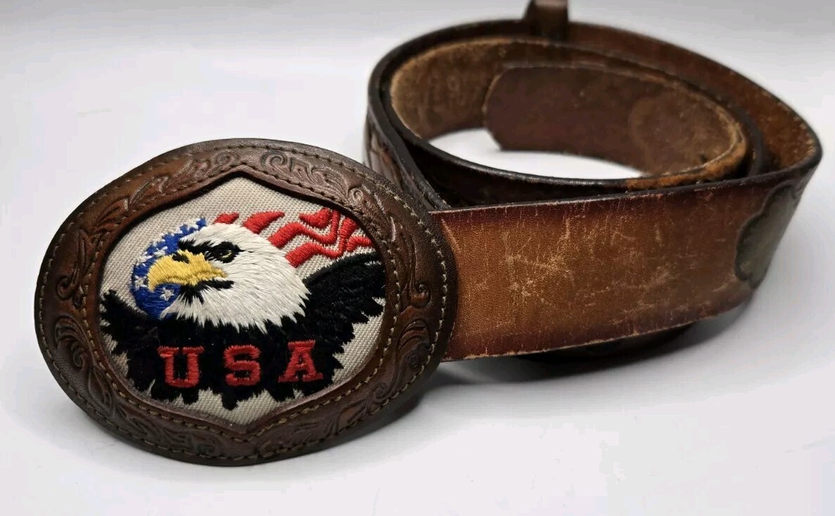 Vtg USA Embroidered Eagle Texas Cowhide Buckle/Leegin Tooled Leather Belt 36