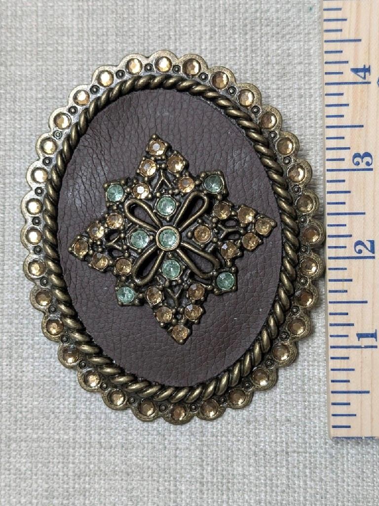 vintage RHINESTONE belt buckle STUDDED leather BRASS western cowboy