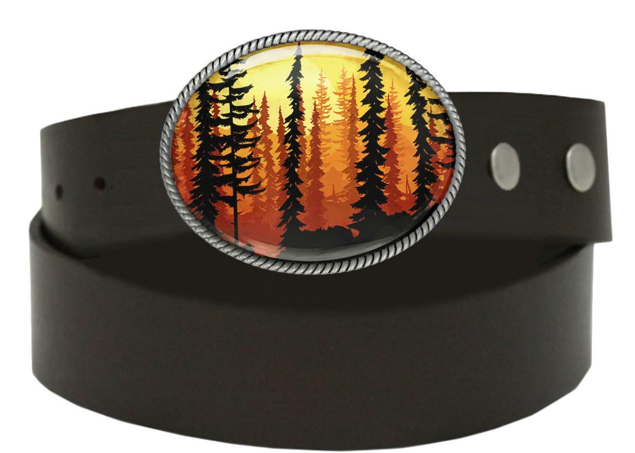 Forest Belt Buckle – Tree Landscape Minimalist Handmade Silver Buckle – 628