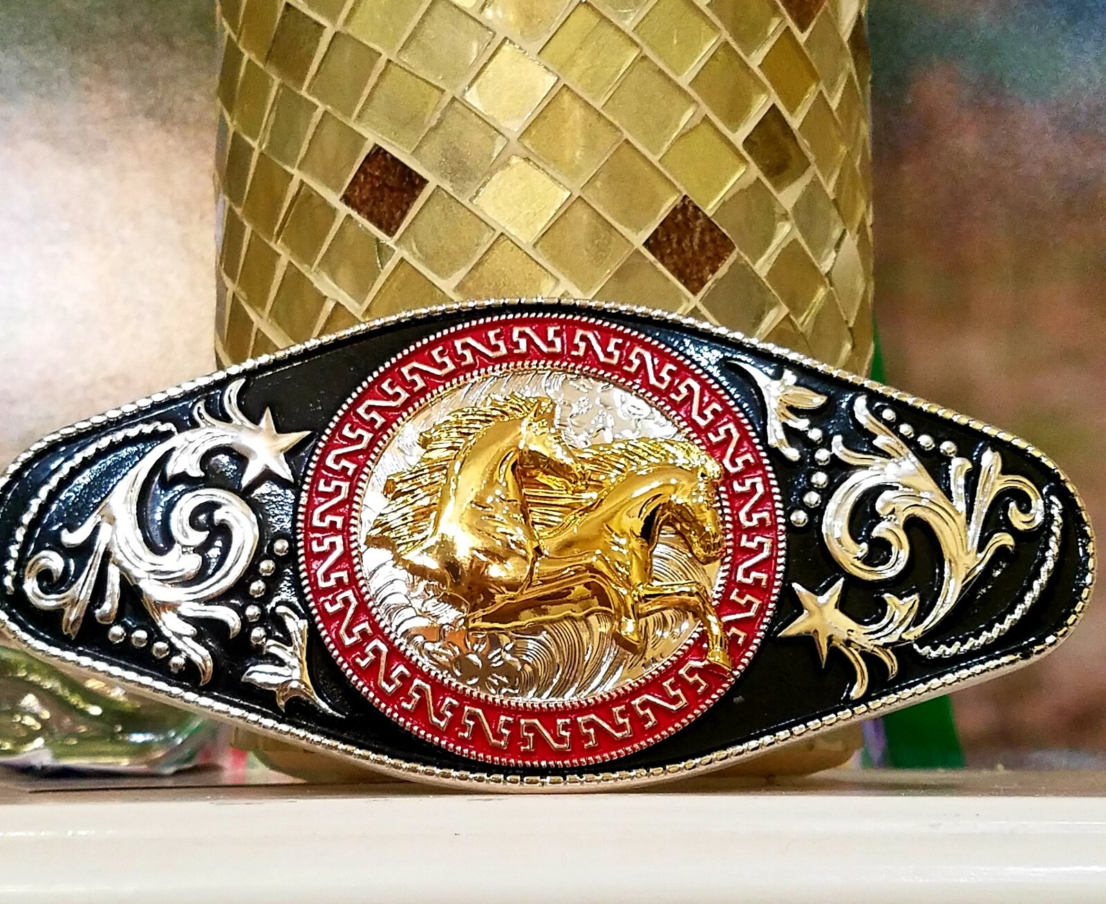 Running horses Western Men Long belt Buckle 7×3.5 silver, red and black oblong