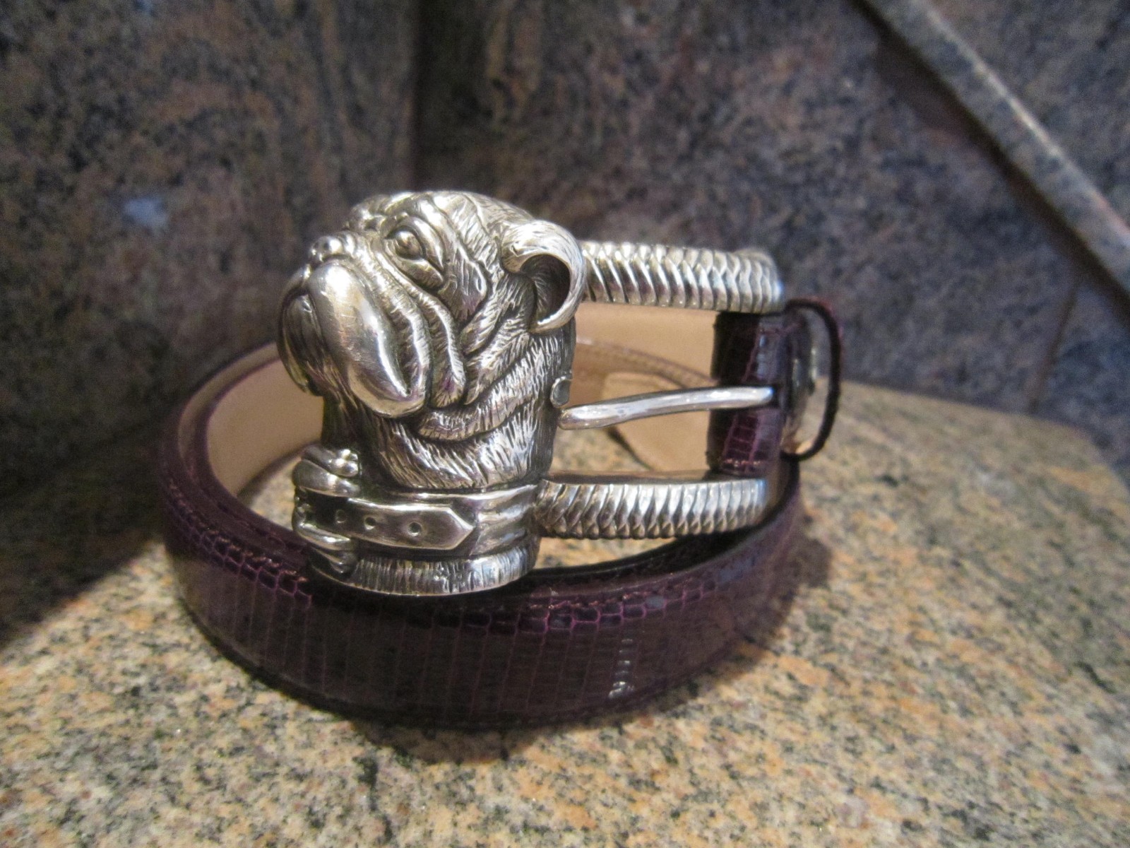 KIESELSTEIN CORD STERLING BULLDOG BUCKLE AND PURPLE LIZARD BELT SIZE 2