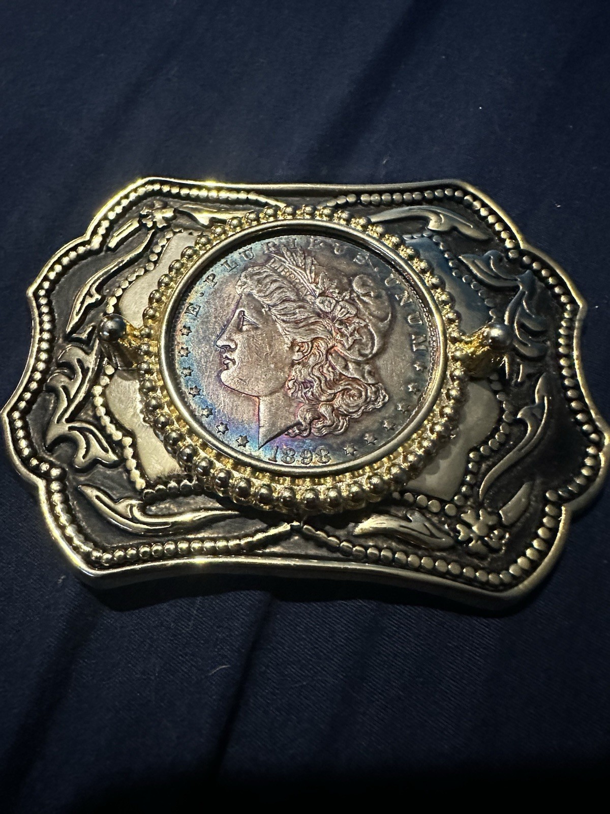 Silver/Gold Tone Men’s Metal Frame Belt Buckle, 1898 Morgan Dollar Coin, Floral