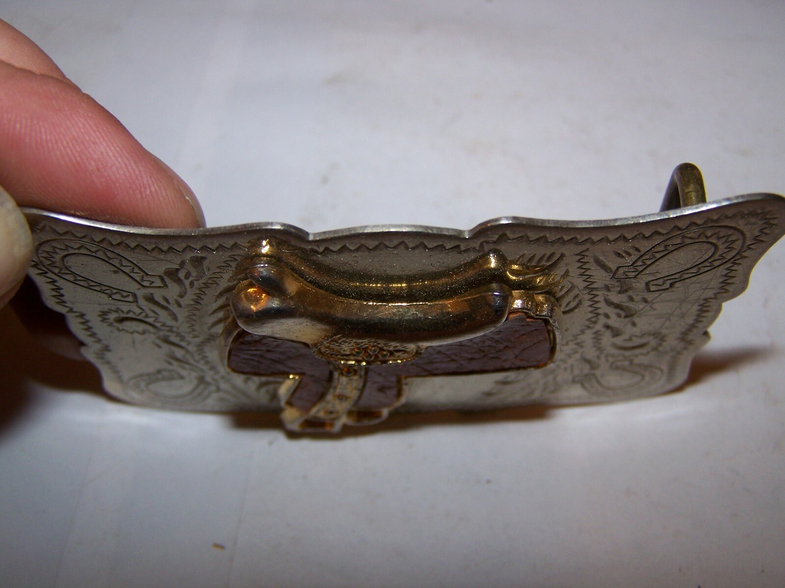 Vintage Horse Saddle Western Equestrian Rodeo Nickel Silver Belt Buckle