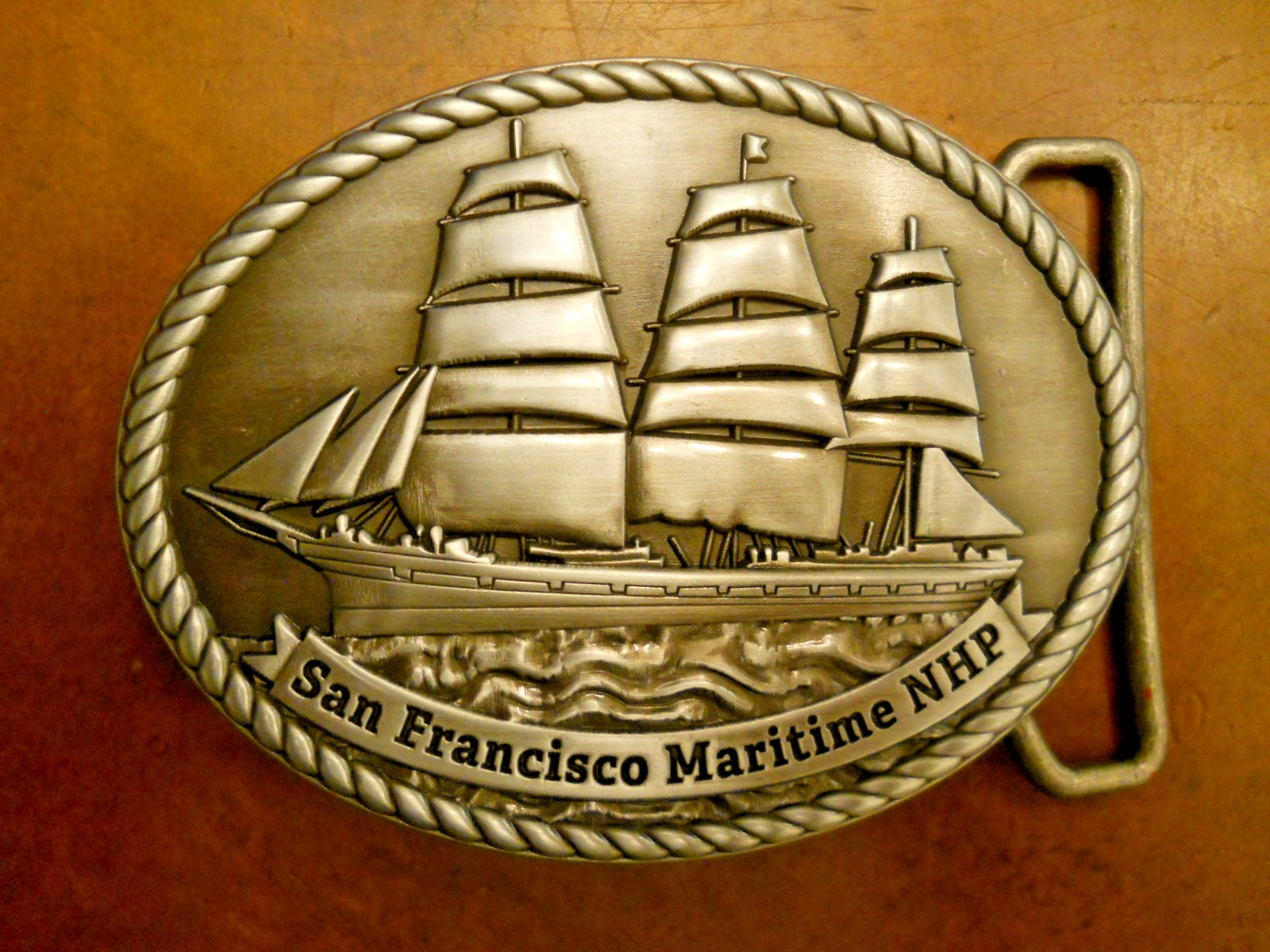 SAILING SHIP, SAN FRANCISCO MARITIME NHP BUCKLE 3&Prime; SILVER BUCKLE (NEW)