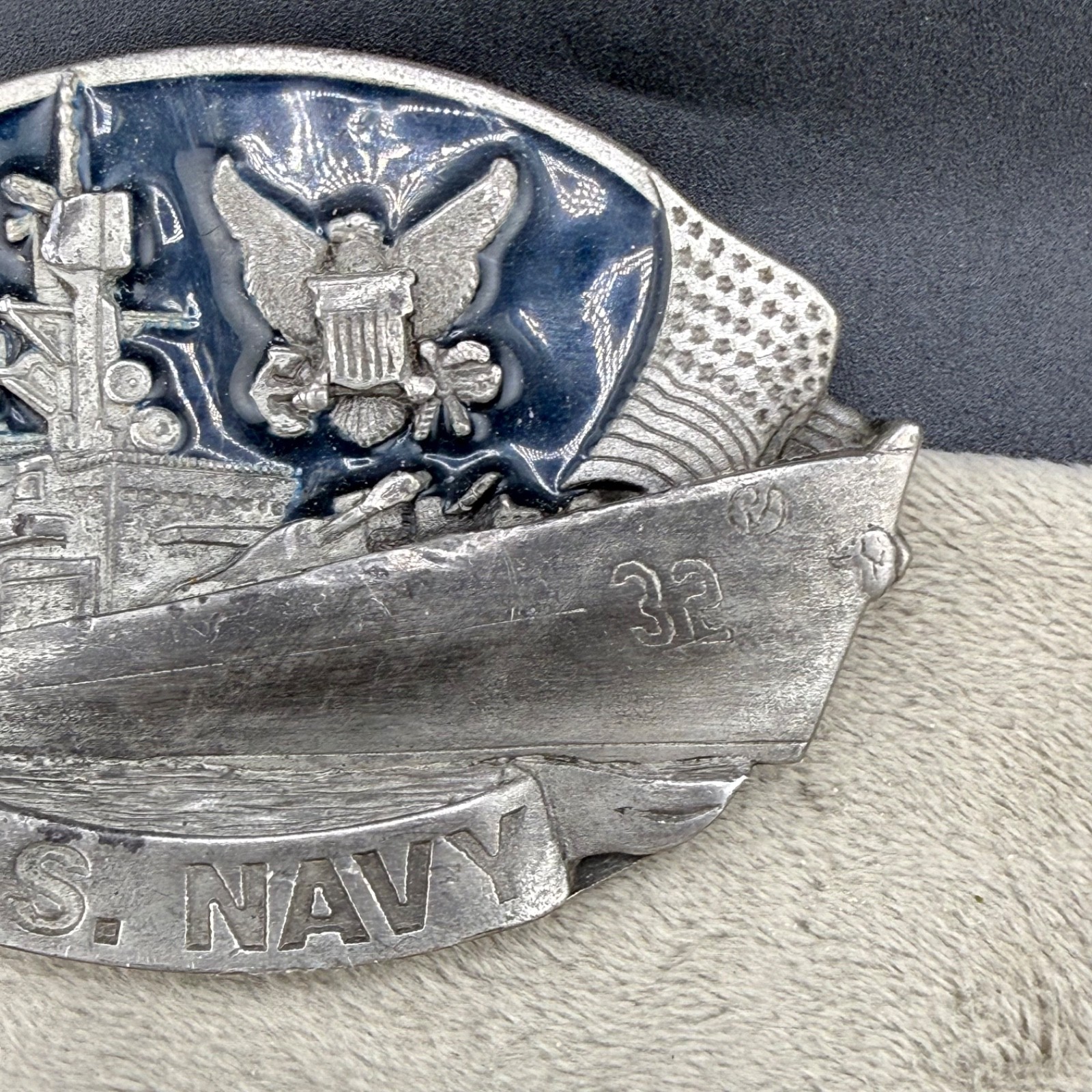 Vintage Bergomot Brass Works US Navy Belt Buckle Silver Tone Enamel