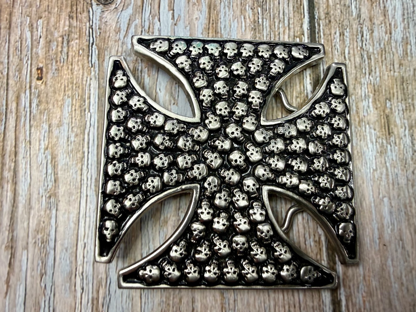 Celtic Iron Cross Shaped with Engraved Tiny Skulls Gothic Cutout Belt Buckle