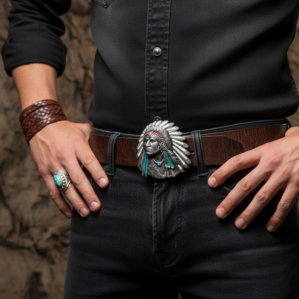 Men Silver Metal Western Fashion Belt Buckle Cowboy Native American Indian Face